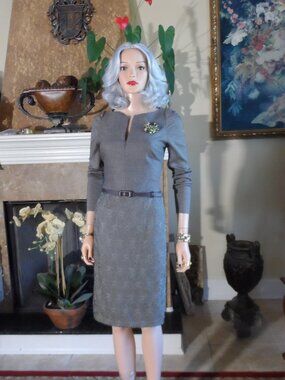 New Akris Gray Wool Cashmere Silk Lace Sheath Dress w/ Belt Size US 6